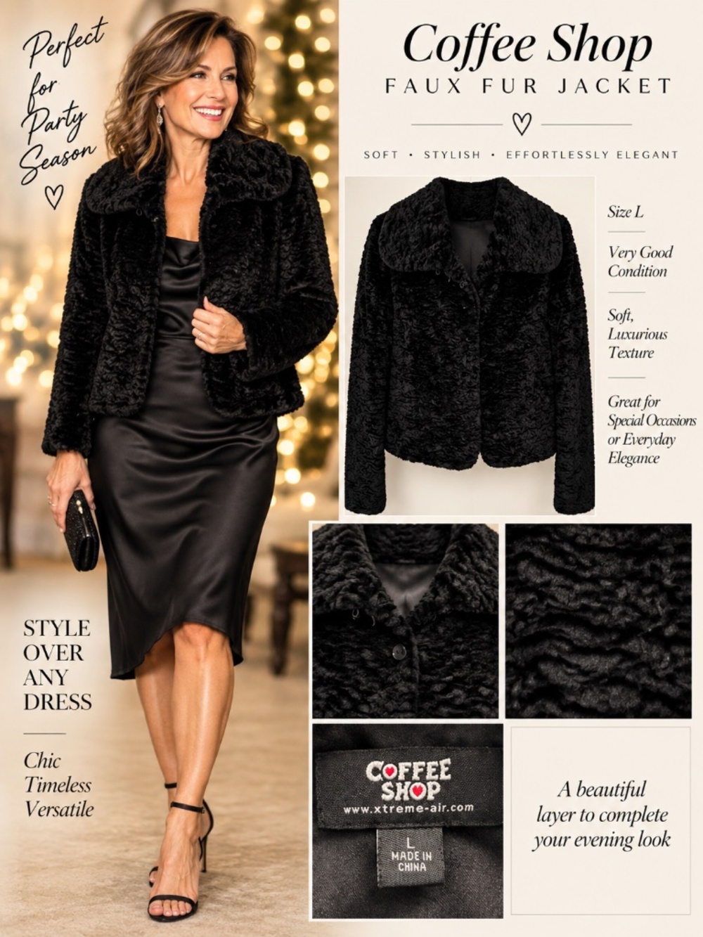 ✨ Coffee Shop Black Faux Fur Jacket – Size L ✨